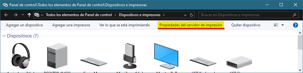 Propiedades del servidor de impresión desde el panel de control (Dispositivos e impresoras)