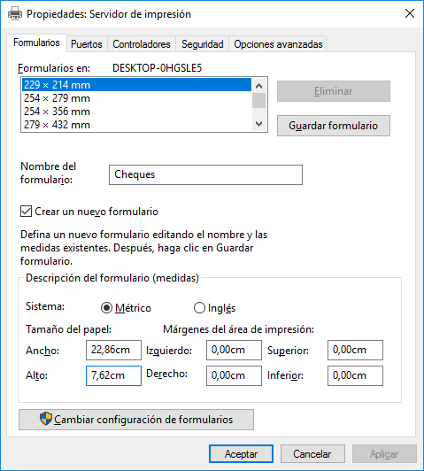 Propiedades del servidor de impresión. Crear nuevo formulario