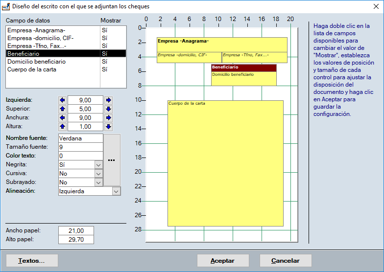 Diálogo de configuración de carta de remisión de cheques y pagarés